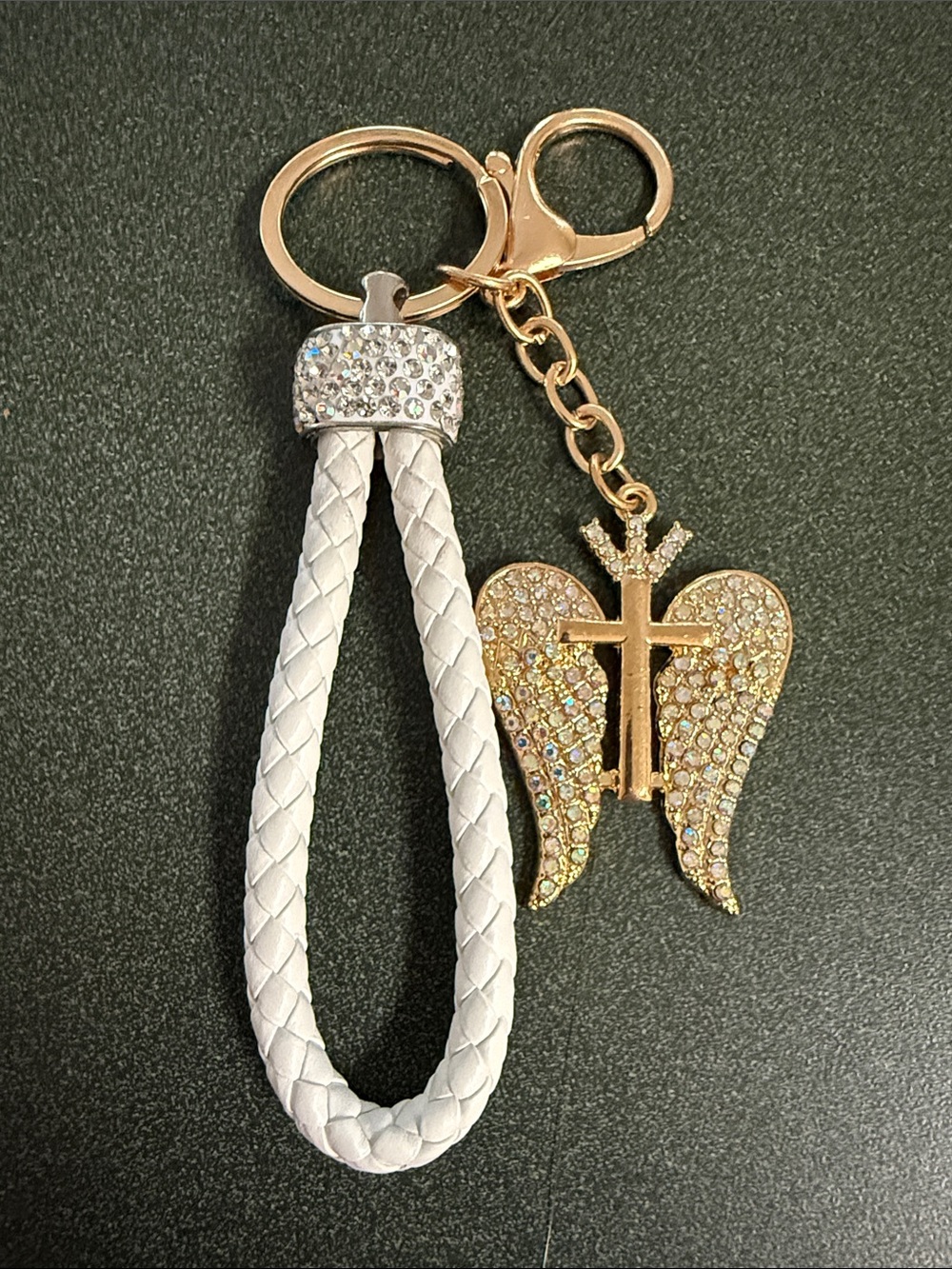 White Braided Wristlet Keychain with Gold Crystal Angel Charm